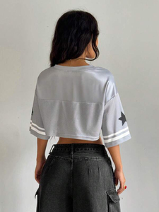 Maillot de football américain en maille grise pour femmes, col en V, numéro 07, applique brodée, haut court surdimensionné - Product Image 5