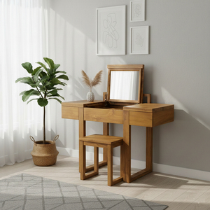 Tocador Moderno de Madera de Teca con Tapa Abatible |   Diseño Funcional de 3 Cajones que se Transforma de un Elegante Tocador a un Espacio de Trabajo Refinado - Product Image 4