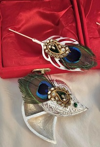 Handmade German Silver Haldi Kumkum Holder Chopra <b>Box</b>, Puja <b>Gift</b> Peacock Kumkum Stand with Velvet <b>box</b> - Product Image 4