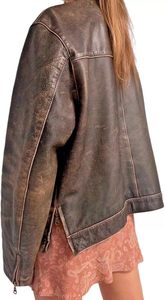 Chaqueta antigua de cuero desgastado de gran tamaño para mujer, abrigo holgado de cuero de oveja genuino de motorista ligero - Product Image 4