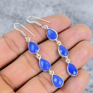 Boucles d'oreilles pendantes tendance en argent sterling 925 avec pierre précieuse en calcédoine bleue, sertie en bélière, faites à la main, cadeau de fête pour femme - Product Image 4
