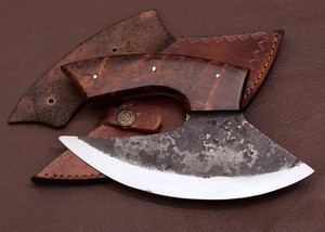 Couteau Ulu Alaskan en acier 12c27 de Nordic Forge, fourreau en cuir, manche en bois de rose forgé sur mesure, couteau de cuisine industriel, fabrication artisanale, OEM - Product Image 2