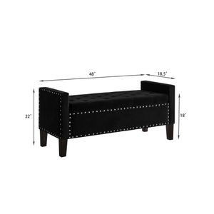 Banc de rangement <span class=keywords><strong>capitonné</strong></span> en <span class=keywords><strong>velours</strong></span> noir de 48 pouces avec garniture cloutée, banc de lit rembourré avec accoudoirs pour entrée, chambre et salon - Product Image 6