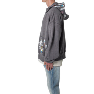 Fabricante personalizado lavado ácido hombres recortada pulóver Sudadera con capucha de lana de algodón sin cuerdas crudo dobladillo cremallera Winterized impresión personalizada - Product Image 3