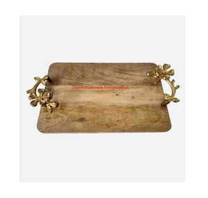 Plateau Rectangle en bois avec poignée en métal doré solide pour la restauration Ware Food Dessert Snacks Servant Biscuits Serveur Plateau Vente - Product Image 1