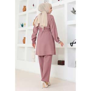 MSW19203-3 Ensemble 2 pièces décontracté avec détails roses et pierres, hauts mi-longs à col rond 100% polyester - Product Image 4