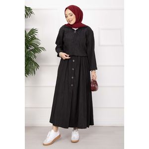 Conjunto de Chaqueta Bomber Negra y Falda de Crepé con Botones, Estilo Formal-Casual para Verano, Top Corto de Gasa Tejida hasta el Tobillo - Product Image 4