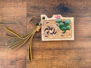 กระเป๋าใส่บัตรหนังแท้ลายดอกไม้มาใหม่พร้อมพู่ห้อยและพวงกุญแจเคสใส่การ์ดขนาดเล็กที่ได้รับแรงบันดาลใจจากตะวันตก - Product Image 2