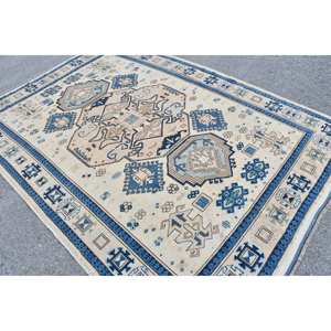 Alfombra de lana azul Beige Kazak de 6,6X9,4 pies, tejido plano turco, sala de estar alfombra para, patrón de retazos para adolescentes, pasillo rectangular - Product Image 4