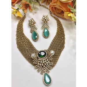 High Quality Golden Finish Designer Classy <b>Necklace</b> <b>Set</b> With <b>Earrings</b> For Wedding Wear Collection For Women <b>And</b> Girls - Product Image 1