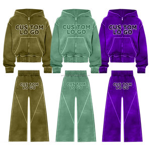 Conjunto Deportivo de Dos Piezas con Capucha y Bolsillo con Cremallera Decorado, Lavado Ácido, Logotipo Personalizado al por Mayor, 100% Algodón, Traje para Correr con Pedrería Brillante - Product Image 1