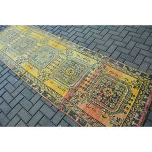 3.3x10.3 ft Turkish Runner Rug, Vintage <b>Yellow</b> Ombr Rug - Product Image 4