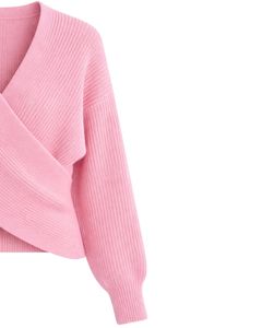 Manufacturer Customized <b>Women</b> Baby Pink Ribbed Knit Wrap Top Long Sleeve V Neck <b>Cropped</b> Sweater Casual Fashion Winter Wear - Product Image 3
