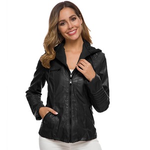 Women's Hooded Leather Jacket, <b>Detachable</b> Hat, Zipper, Long <b>Sleeved</b>, Plush, Slim Fit, Motorcycle Jacket, Winter - Product Image 6