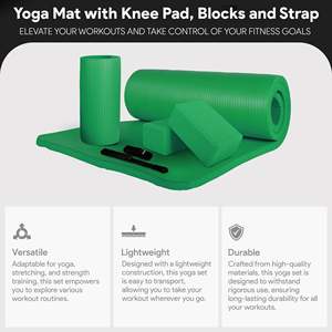 BalanceFrom Fitness Eco-Friendly 71x24 Green Yoga Mat Anti-Tear with Strap Knee Pad <b>Blocks</b>-10mm Thickness TPE Nature <b>Rubber</b> - Product Image 2