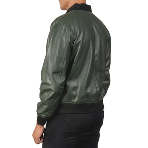 Men's Green PU Leather Bomber Jacket Zipper Closure Turn-<b>down</b> Collar Casual Autumn Wear - Product Image 2