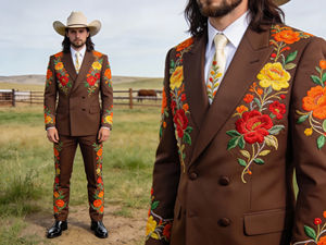 Conjunto de Traje Bordado Floral Occidental Color Borgoña para Hombre, Blazer de Vaquero Cruzado y Pantalones - Product Image 2