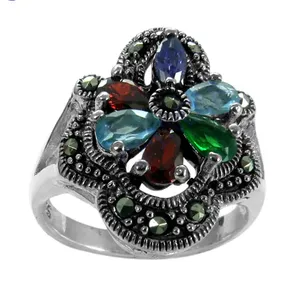 Bague Fleur Multi-Pierres Précieuses en Argent Sterling 925 pour Femme Art Palace – Tendance, Plaqué Argent, Incrustation Vintage Charmante - Product Image 1