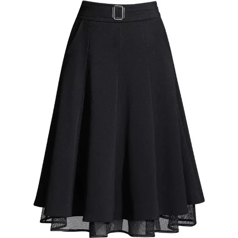 Mesh design at the bottom of the skirt black pleated long skirt swing chiffon skirt