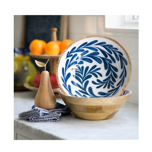 Ensaladera de madera hecha a mano con estampado de esmalte de calidad con utensilios, cuenco de vajilla ecológico y elegante para ensaladas de frutas - Product Image 4