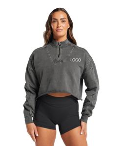 Sudaderas con cremallera de cuarto de algodón 100% de alta calidad para mujer, Top corto de invierno bordado de Terry francés lavado con ácido personalizado, entrenamiento - Product Image 1