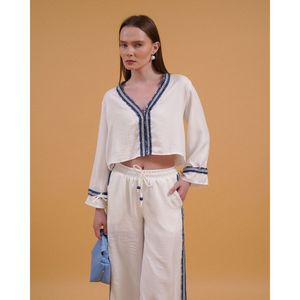 Camisa de Lino para Mujer TOPSHOW con Detalle de Rayas Vaqueras - Blusa de Algodón y Poliéster al por Mayor para Uso Casual - Product Image 5