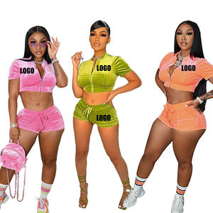 Free Summer Outfit Women Tracksuit Set Crop <b>Short</b> <b>Sleeve</b> Full Zip Up <b>Top</b> with Jogger <b>Short</b> Two Piece Velvet Custom Logo Printing - Product Image 2