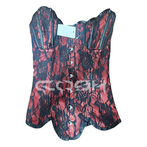 Corset bustier rouge en satin avec empiècements floraux noirs en résille, baleines en acier et bonnets en satin - Product Image 1