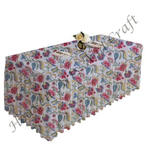Floral Pleated Tablecloth 100% Cotton Handmade Hand Block Printed Modern Rectangle Washable <b>Table</b> Cover For Home Use - Product Image 1