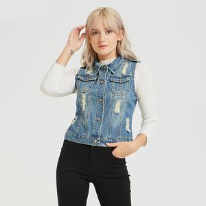Vente en gros de vestes en jean bleues pour femmes Slim Fi mode vêtements pour femmes veste en jean vestes en jean déchirées sans manches - Product Image 5