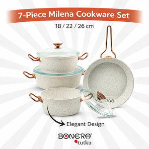 Juego de Ollas Milena de 7 Piezas con Revestimiento de Granito Blanco Nieve, Asas de Acero Inoxidable, Base Antiadherente, Tapa de Vidrio Vertical de 1,7 L, Apto para Lavavajillas - Product Image 2