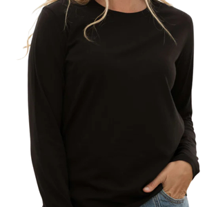 เสื้อยืดแขนยาวคอกลมสีดำสำหรับผู้หญิง ผ้าฝ้ายออร์แกนิคคุณภาพสูง 100% ผ่านการซักแล้ว ได้รับการรับรองมาตรฐาน GOTS เนื้อผ้านุ่มพิเศษ ทรงพอดีตัว - Product Image 5