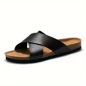 Custom Logo Men's Crossed Strap Cork <strong>Slides</strong> With PU Leather Uppers Open Toe Slip on <strong>Comfy</strong> Summer Beach <strong>Slides</strong> Slippers - Product Image 3