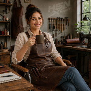 Tablier de travail en cuir véritable à bretelles croisées avec poches utilitaires et sangles réglables pour chef, soudeur, barbecue - Product Image 3