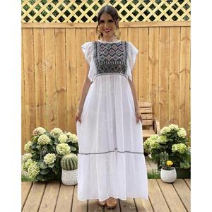 Womens White Embroidered Cotton Maxi <b>Dress</b> Mexican Ethnic Boho <b>Flutter</b> <b>Sleeve</b> Summer <b>Dress</b> For Wholesale - Product Image 1