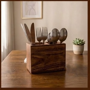 Portautensilios de Madera de Acacia con Porta Servilletas, 2 Compartimentos, Rectangular, Minimalista, Caja de Almacenamiento de Cocina para Vajilla - Product Image 6