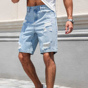 Pantalones cortos de mezclilla con logotipo personalizado 2025 de alta calidad para hombre, pantalones cortos de algodón con agujeros para hombre, pantalones cortos de mezclilla de ocio para hombre con logotipo estampado a la moda - Product Image 2