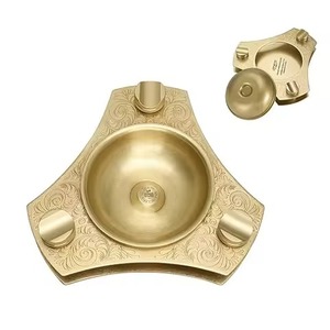 Gold Finished Round Ashtray Holder 3 <b>Sides</b> Smoking <b>Tray</b> for Hotel <b>Table</b> Decorative Use - Product Image 1