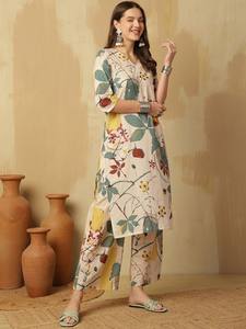 Mujeres étnicas Floral impreso cuello en V puro algodón Kurta con Palazzos indio pakistaní salwaar kameez traje - Product Image 3