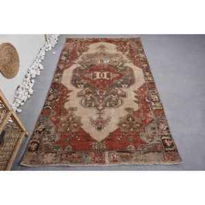 Alfombra turca Vintage, rojo, Beige, 4,2x7,2 pies, área grande de lana, diseño de retales tradicional ecológico para pasillo, dormitorio, látex - Product Image 1