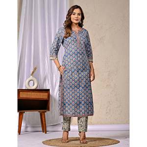 Conjunto de Kurta y Pantalón de Algodón con Estampado Blue Butta Block, Estilo Étnico Pakistaní-Indio, Ropa de Fiesta para Niñas, Bordado y Redecilla Cosida - Product Image 3