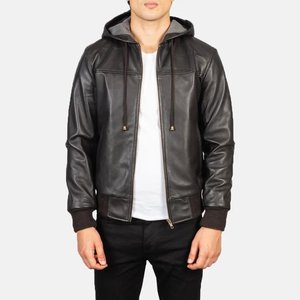 Chaqueta Bomber de Cuero Marrón con Diseño con Capucha para Hombre - Product Image 1