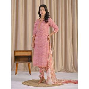 Hand Drawn Pink <b>Block</b> <b>Printed</b> Cotton Anarkali Kurta Pant Set Pakistani Style Indian Ethnic Wear with Salwar - Product Image 6