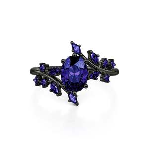 Jeulia Gothic <b>Black</b> Purple-Blue Oval Cut Zircon Cluster <b>Ring</b> - Product Image 1