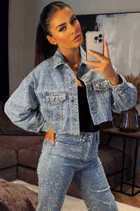 แจ็กเก็ตยีนส์ประดับพลอยเทียมสีฟ้าอ่อนสำหรับผู้หญิงแขนยาวออกแบบมาสำหรับทุกฤดูกาล - Product Image 3