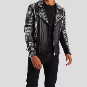 Chaqueta para Hombre de Piel de Oveja, Chaqueta de Motociclista de Cuero Negro con Tachuelas, Estilo Punk Rock de Alta Calidad a Precio Razonable, Directo de Fábrica - Product Image 1