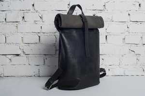 Black Leather <b>Backpack</b> Men <b>Roll</b> <b>Top</b> <b>Backpack</b> Large Travel Purse <b>Laptop</b> Duffle Bag Women Gift For Him LRTB-0099 - Product Image 2