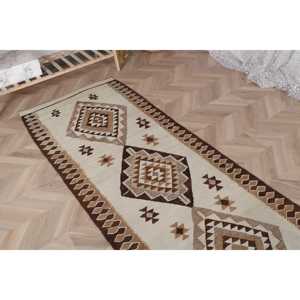 Turkish Runner Rug 2.8x9.1 ft, <b>Brown</b> Plants & trees Vintage <b>Wool</b> Rug - Product Image 4