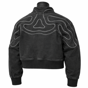 Veste en jean noir délavé courte avec surpiqûres contrastées, col montant, fermeture éclair, style streetwear, manches longues zippées - Product Image 2