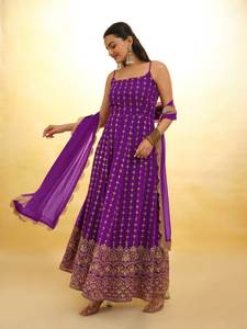 Vestido Anarkali Étnico Indio de Verano, Georgette Pesado con Bordado Elegante, Dupatta, Corte Ajustado, Largo hasta el Suelo, HENIXA CREATION TF-227, para Fiesta - Product Image 6